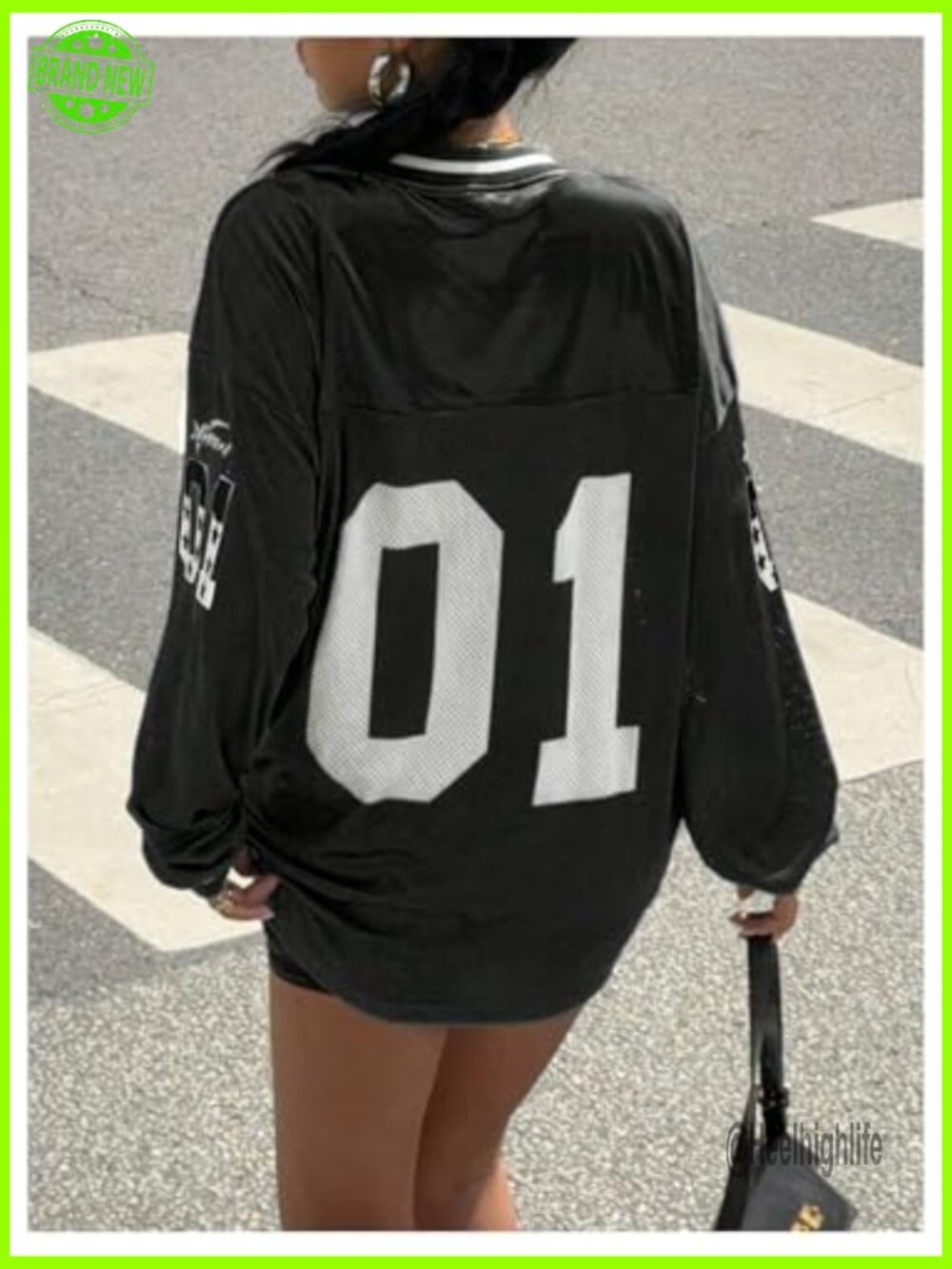 Oversized V-Neck Long Sleeve Graphic T-Shirt Loose Fit Jersey - Picture 2 of 6